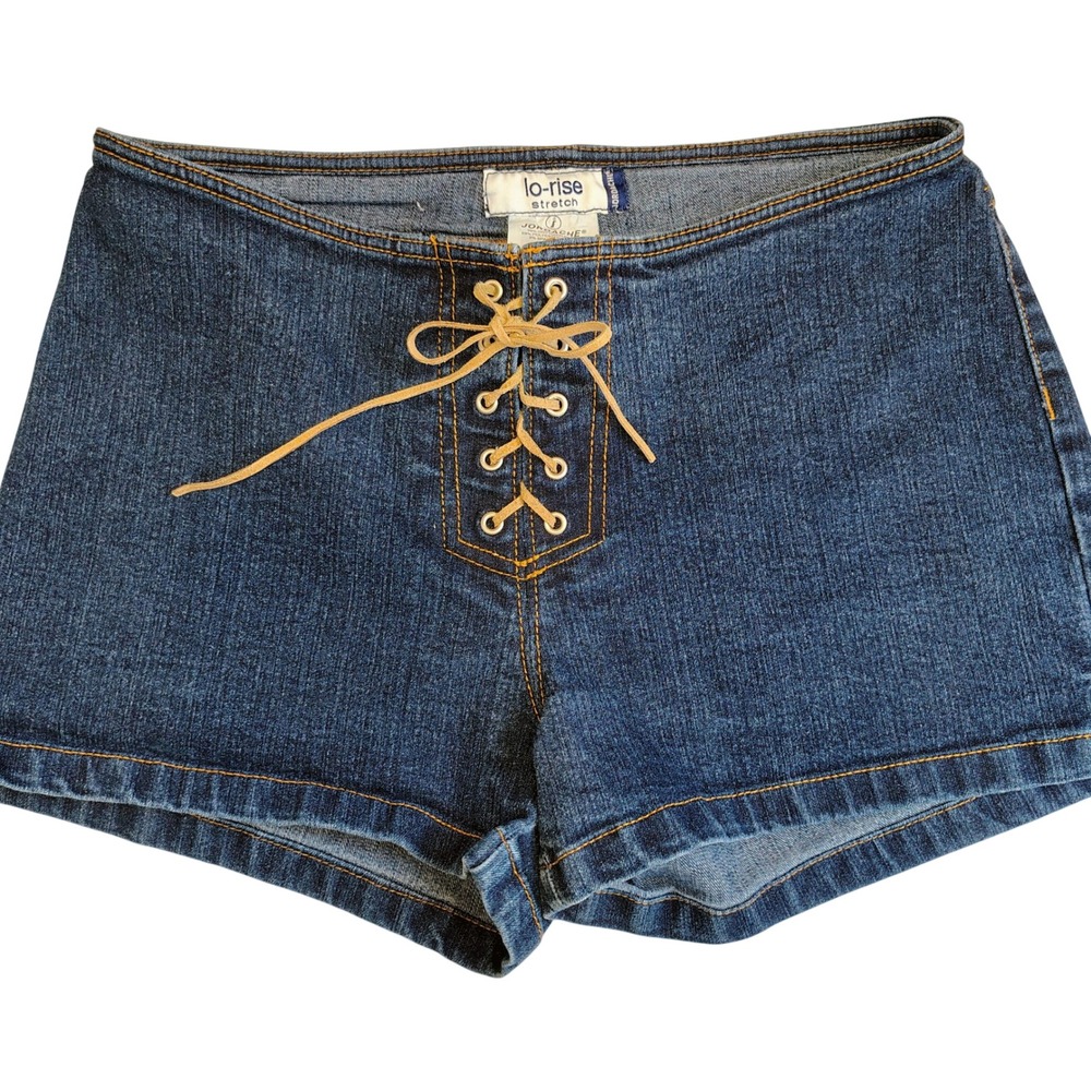 Jordache Womens SZ 9/10 Lace Up Low Rise Denim Shorts Blue Y2K Festival Retro